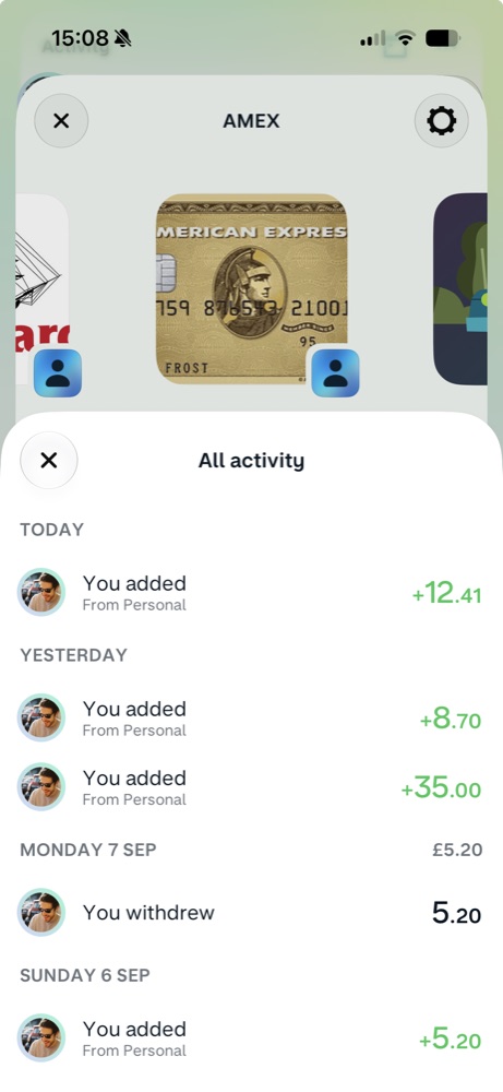 Monzo Amex pot activity showing instant deposits matching Amex spend