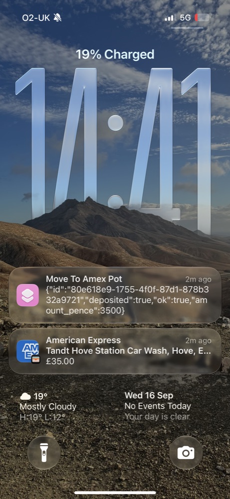 Lock screen notification showing the shortcut's response — deposited: true, ok: true, amount_pence: 3500 — right after an Amex tap for £35.00